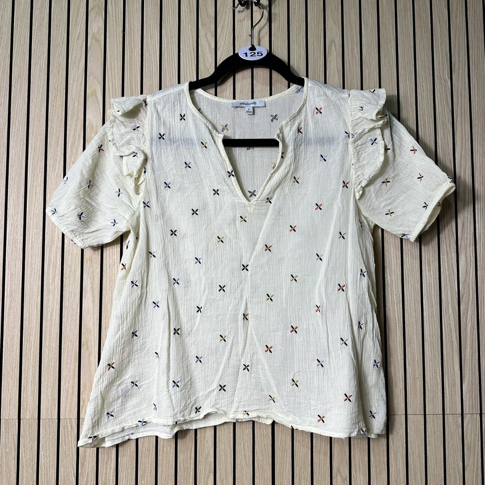 125 Madewell Embroidered Short Sleeve Blouse (Small, Cream, EUC)